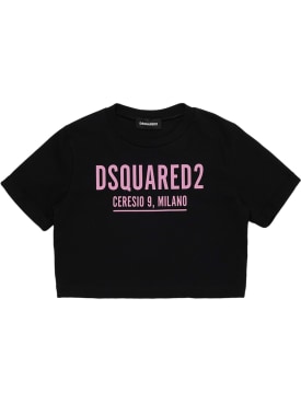 Dsquared2: T-shirt cropped in cotone con logo gommato - Nero - kids-girls_0 | Luisa Via Roma