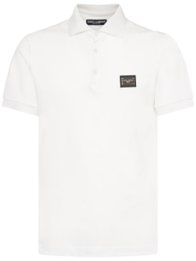 Dolce&Gabbana: Cotton polo shirt w/logo plaque - White - men_0 | Luisa Via Roma