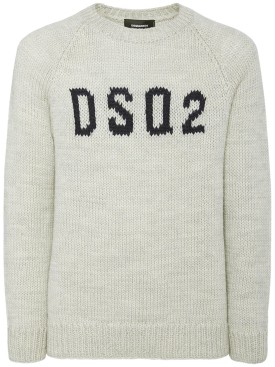Dsquared2: Suéter de lana con logo intarsia - Gris Negro - men_0 | Luisa Via Roma