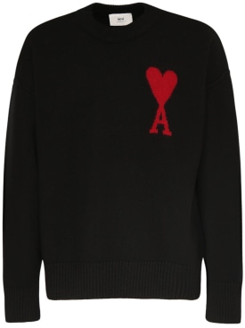 AMI Paris: Logo wool knit crewneck sweater - Black - men_0 | Luisa Via Roma