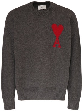 AMI Paris: Maglia in lana con logo - Grigio Melange - men_0 | Luisa Via Roma
