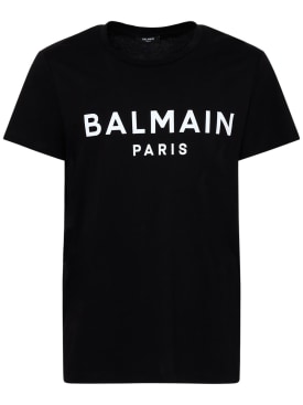 Balmain: Camiseta de algodón estampada - Negro/Blanco - men_0 | Luisa Via Roma