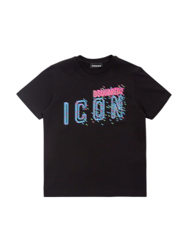 Dsquared2: Icon print cotton jersey t-shirt w/logo - Black - kids-girls_0 | Luisa Via Roma