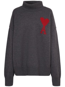 AMI Paris: Red Ami De Coeur wool turtleneck sweater - Grey - women_0 | Luisa Via Roma