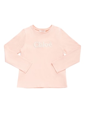 Chloé: T-shirt en jersey de coton biologique à logo - Rose - kids-girls_0 | Luisa Via Roma