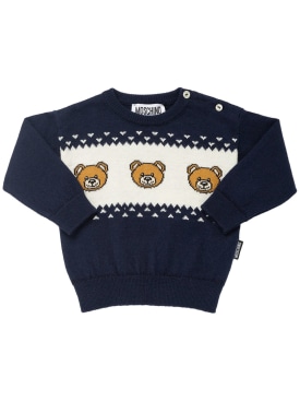 Moschino: Suéter de punto de algodón y lana jacquard - Azul Marino - kids-boys_0 | Luisa Via Roma