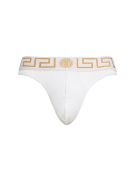 Versace Underwear: Logo stretch jersey briefs - White/Gold - men_0 | Luisa Via Roma