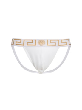 Versace Underwear: Stretch jersey logo jock strap - White/Gold - men_0 | Luisa Via Roma