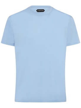 Tom Ford: T-shirt en coton mélangé à col ras-du-cou - Azur - men_0 | Luisa Via Roma