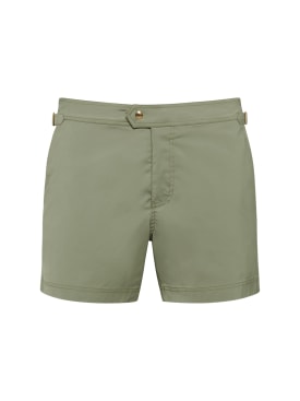 Tom Ford: Shorts mare in popeline con piping - Verde Militare - men_0 | Luisa Via Roma