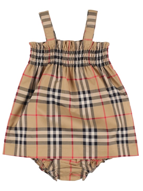 Burberry: Robe & couche-culotte en coton à carreaux - Beige - kids-girls_0 | Luisa Via Roma