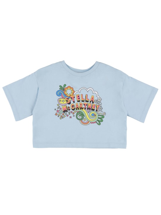 Stella McCartney Kids: T-shirt court en jersey biologique imprimé logo - Bleu Clair - kids-girls_0 | Luisa Via Roma