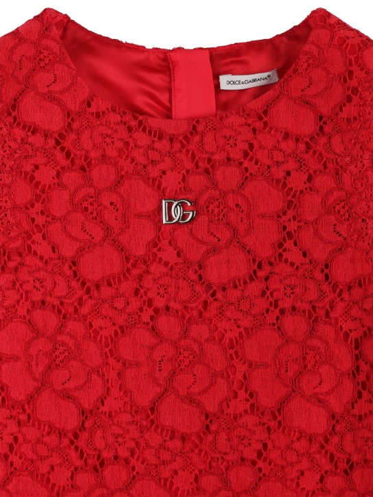 Dolce&Gabbana: Lace cotton blend dress w/logo - Kırmızı - kids-girls_1 | Luisa Via Roma