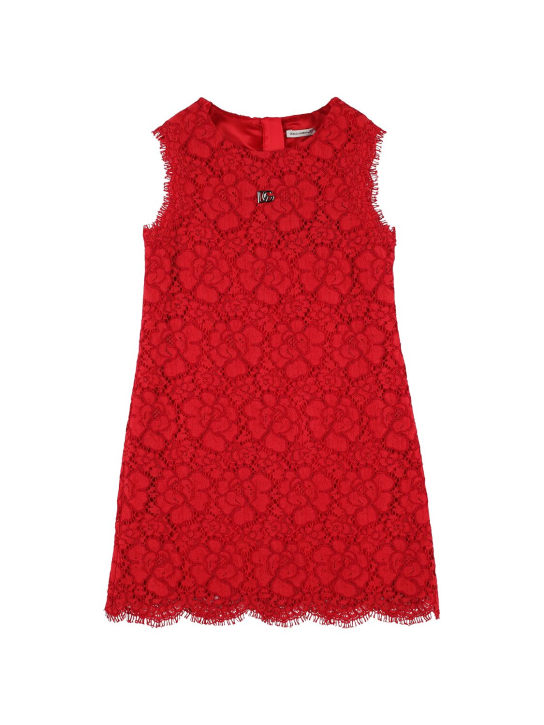 Dolce&Gabbana: Lace cotton blend dress w/logo - Kırmızı - kids-girls_0 | Luisa Via Roma