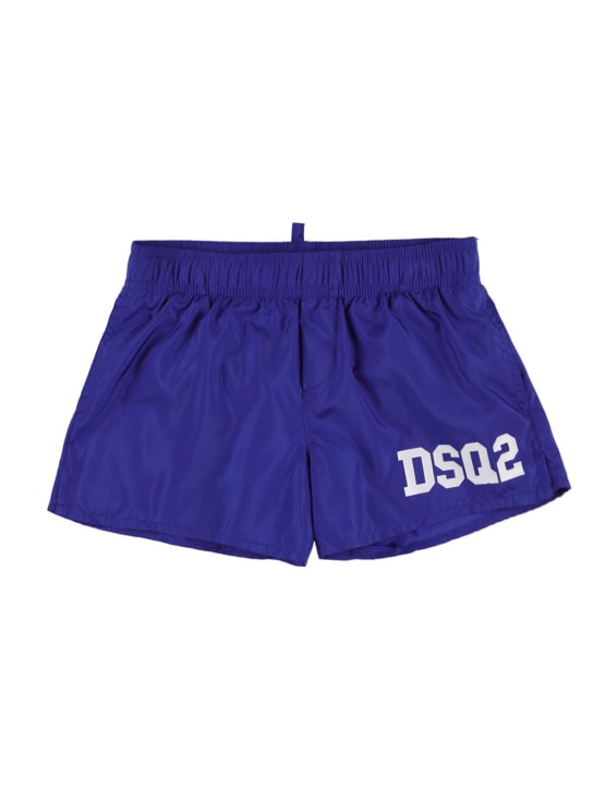 Dsquared2: Bañador shorts de nylon con logo estampado - Azul Royal - kids-boys_0 | Luisa Via Roma