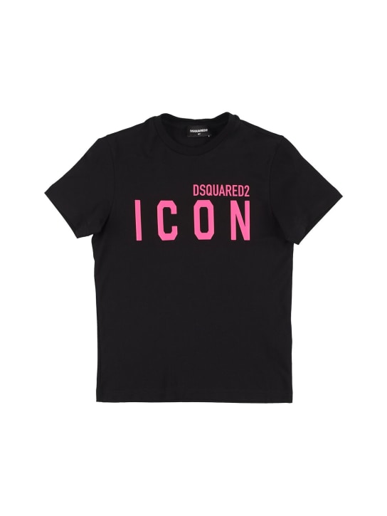 Dsquared2: T-shirt en jersey de coton à imprimé logo - Noir - kids-girls_0 | Luisa Via Roma