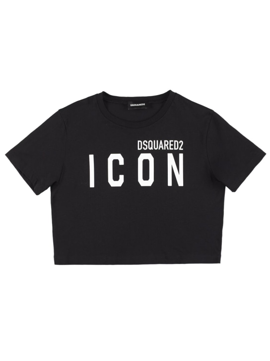 Dsquared2: Logo print cropped jersey t-shirt - Siyah - kids-girls_0 | Luisa Via Roma