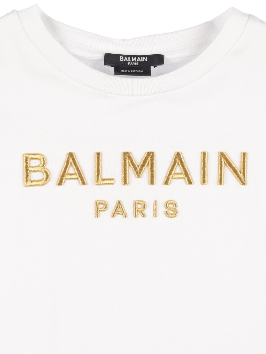 Balmain: 刺绣logo棉质平纹针织连衣裙 - 白色 - kids-girls_1 | Luisa Via Roma