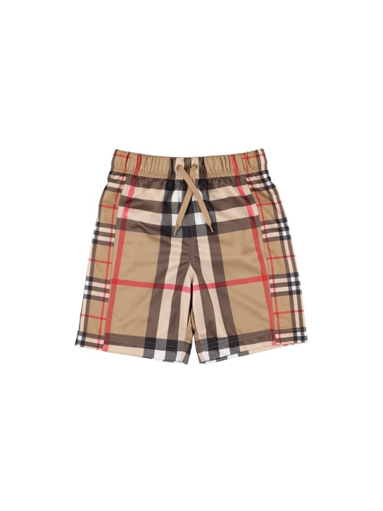 Burberry: Shorts mare in nylon check - Beige - kids-girls_0 | Luisa Via Roma