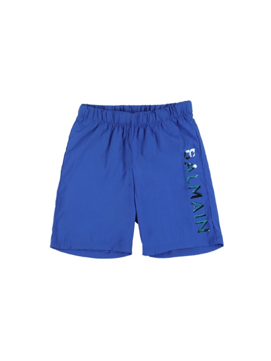 Balmain: Bañador shorts de nylon con logo estampado - kids-boys_0 | Luisa Via Roma