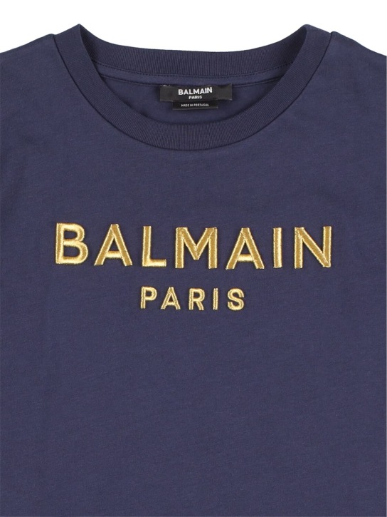 Balmain: T-shirt in jersey di cotone con logo - Navy - kids-girls_1 | Luisa Via Roma
