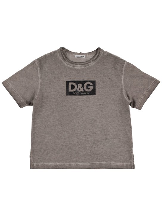 Dolce&Gabbana: Logo印花棉质平纹针织T恤 - 深灰色 - kids-boys_0 | Luisa Via Roma