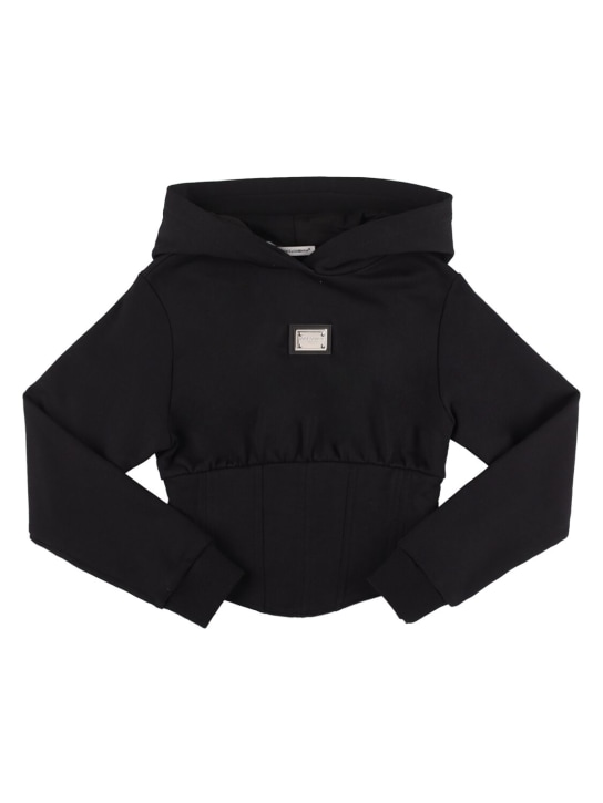Dolce&Gabbana: Logo print cotton sweatshirt hoodie - Siyah - kids-girls_0 | Luisa Via Roma