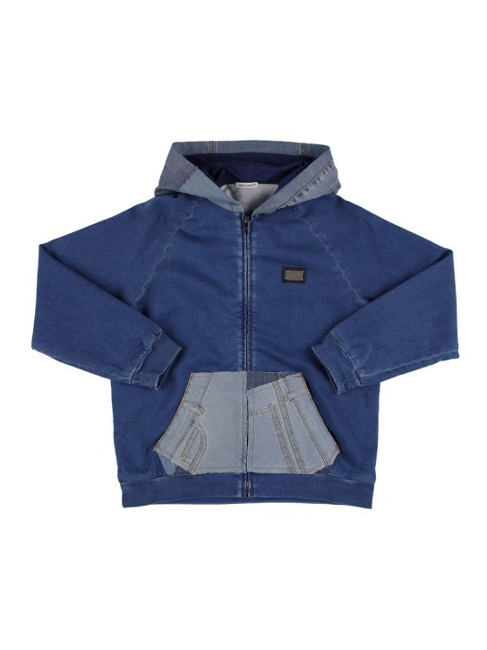 Dolce&Gabbana: Logo牛仔拼接拉链开合连帽卫衣 - 牛仔 - kids-girls_0 | Luisa Via Roma