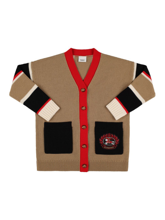Burberry: Cardigan in maglia di lana color block - Beige - kids-boys_0 | Luisa Via Roma