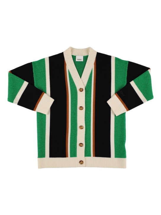 Burberry: Cardigan en maille de laine mélangée à rayures - Vert/Noir - kids-boys_0 | Luisa Via Roma