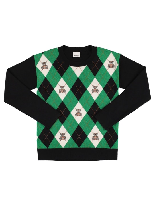 Burberry: Rhombus print wool knit sweater - Green/Black - kids-girls_0 | Luisa Via Roma