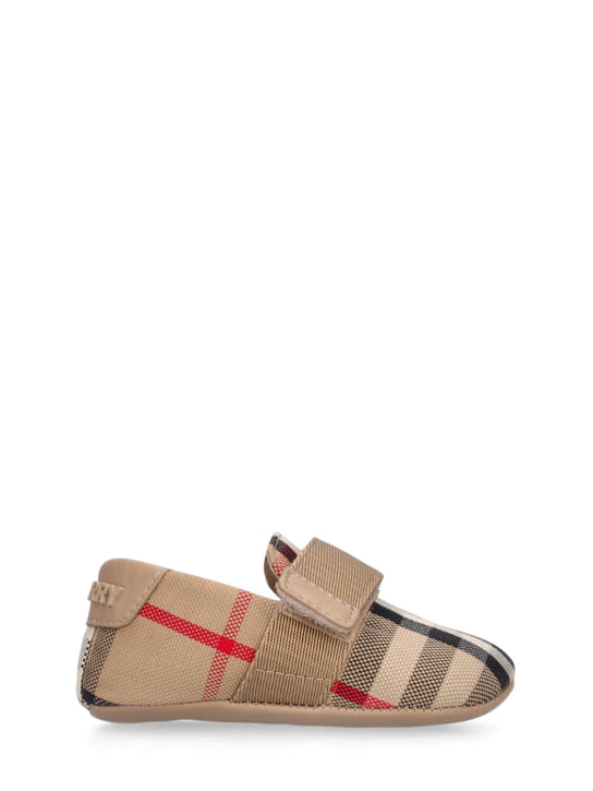 Burberry: Check leather & cotton pre-walker shoes - Beige - kids-girls_0 | Luisa Via Roma