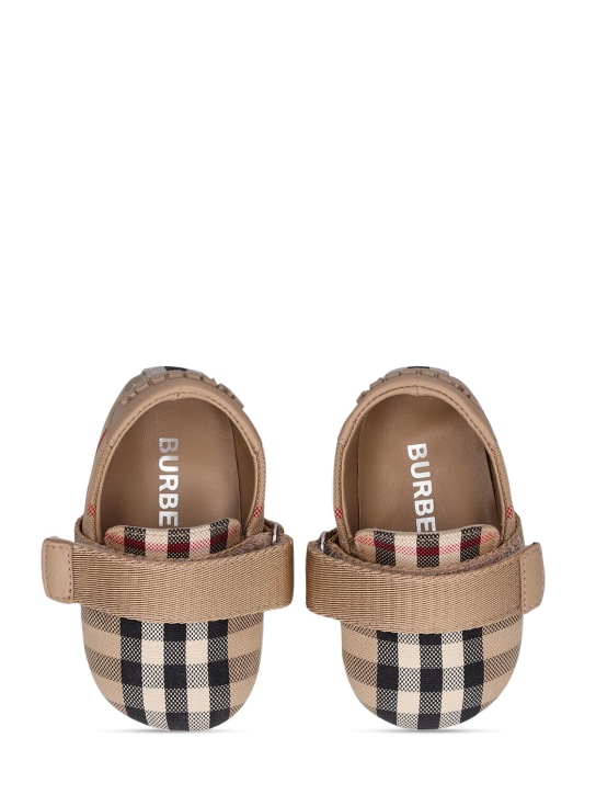 Burberry: Check leather & cotton pre-walker shoes - Beige - kids-girls_1 | Luisa Via Roma