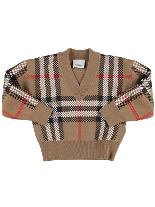 Burberry: Check print wool blend knit sweater - Beige - kids-girls_0 | Luisa Via Roma