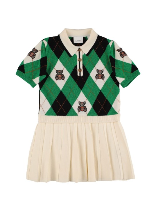 Burberry: Vestito in maglia di lana e cashmere plissé - Verde/Bianco - kids-girls_0 | Luisa Via Roma