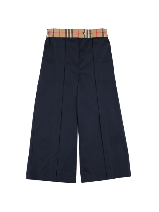 Burberry: Pantaloni in cotone / inserti check - Navy - kids-girls_0 | Luisa Via Roma