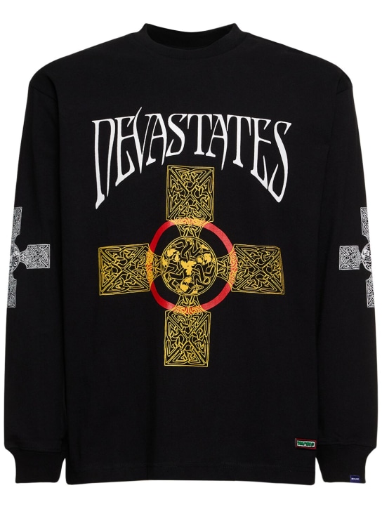 Deva States: Cross printed cotton l/s t-shirt - Black - men_0 | Luisa Via Roma