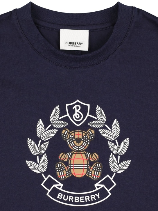 Burberry: T-shirt en jersey de coton imprimé logo - Bleu Marine - kids-girls_1 | Luisa Via Roma