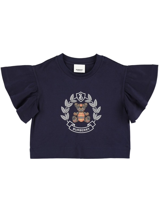 Burberry: Camiseta de jersey de algodón con logo - Azul Marino - kids-girls_0 | Luisa Via Roma