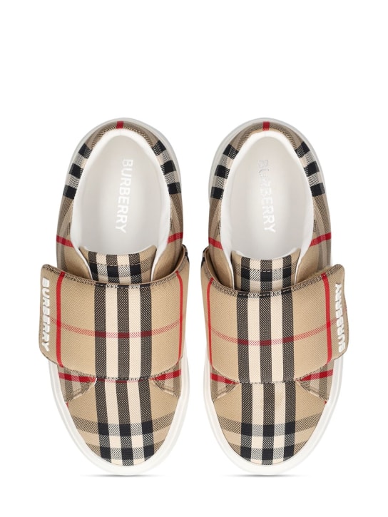 Burberry: Check print cotton strap sneakers - Beige - kids-girls_1 | Luisa Via Roma