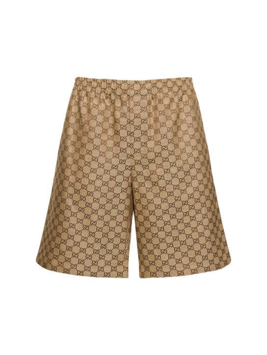 Gucci: Summer GG supreme linen blend shorts - Camel/Ebony - men_0 | Luisa Via Roma