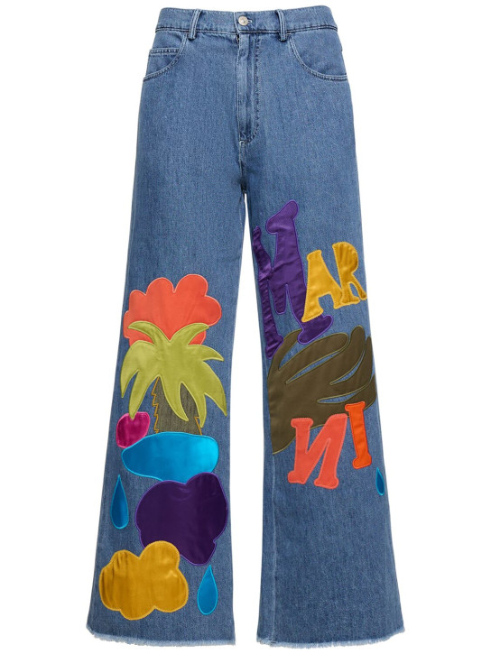 Marni: Printed cotton denim wide leg pants - Iris Blue - men_0 | Luisa Via Roma