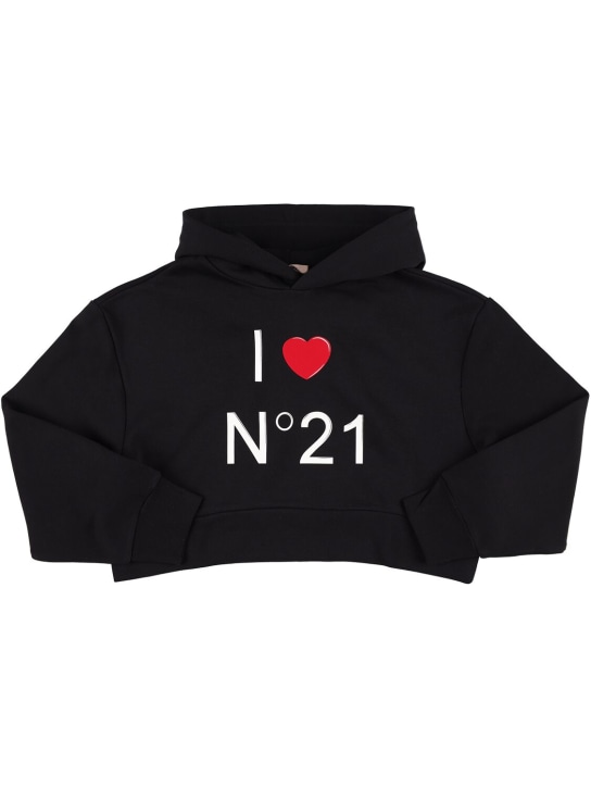 N°21: Logo print cropped cotton jersey hoodie - Siyah - kids-girls_0 | Luisa Via Roma