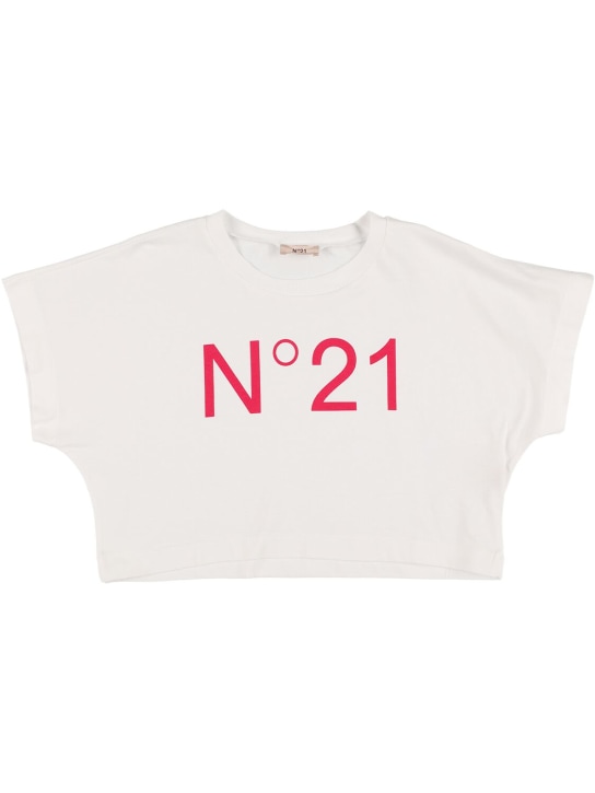 N°21: T-shirt cropped in jersey di cotone con logo - Bianco - kids-girls_0 | Luisa Via Roma