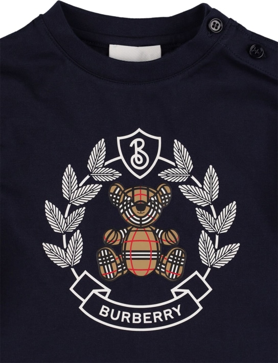 Burberry: T-shirt en jersey de coton imprimé logo - Bleu Marine - kids-girls_1 | Luisa Via Roma