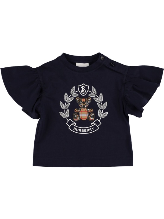 Burberry: T-shirt en jersey de coton imprimé logo - Bleu Marine - kids-girls_0 | Luisa Via Roma