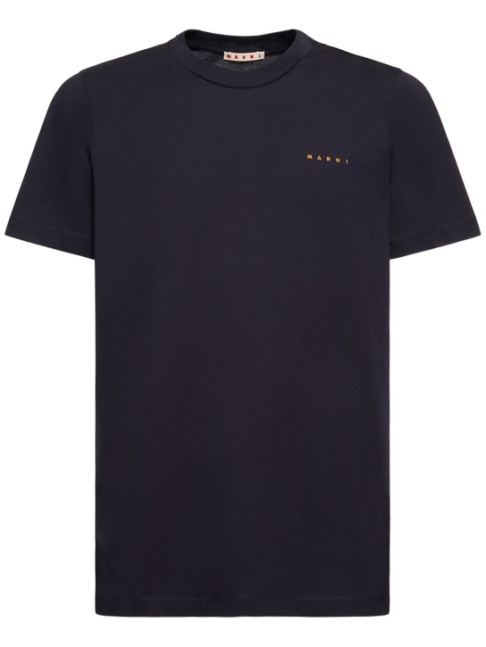 Marni: T-shirt in maglia di cotone organico con logo - Navy - men_0 | Luisa Via Roma