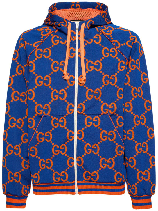 Gucci: Sweat-shirt en jacquard technique GG à capuche - Bleu/Orange - men_0 | Luisa Via Roma