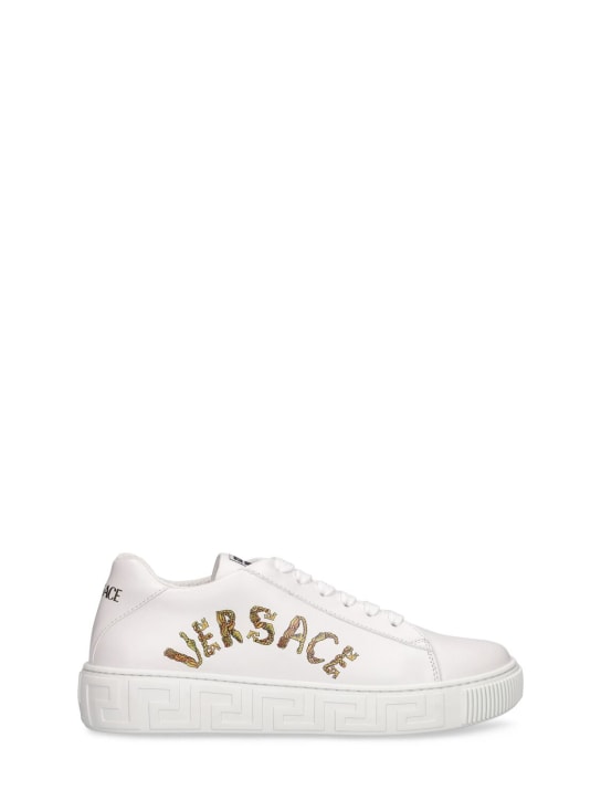 Versace: 皮革低帮系带运动鞋 - 白色 - kids-girls_0 | Luisa Via Roma