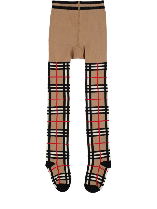 Burberry: Check print intarsia cotton blend tights - Beige/Black - kids-girls_0 | Luisa Via Roma